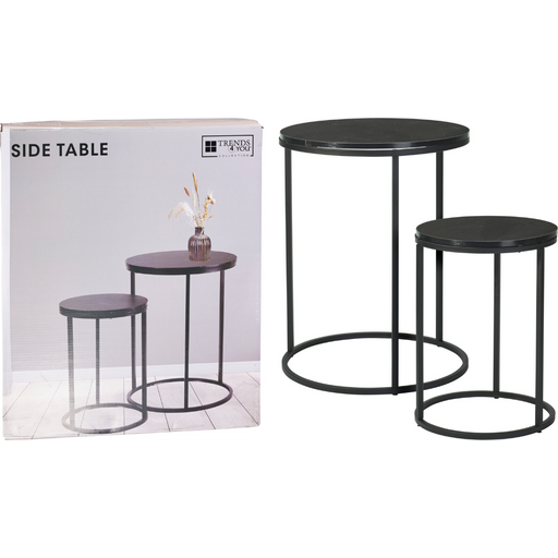 set of two black marble look MDF and metal side tables