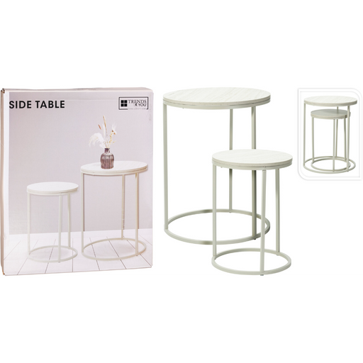 set of two sand marble look MDF and metal side tables