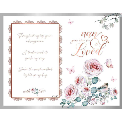 Glass photo frame with soft rose design for Nan measuring 18x19cm