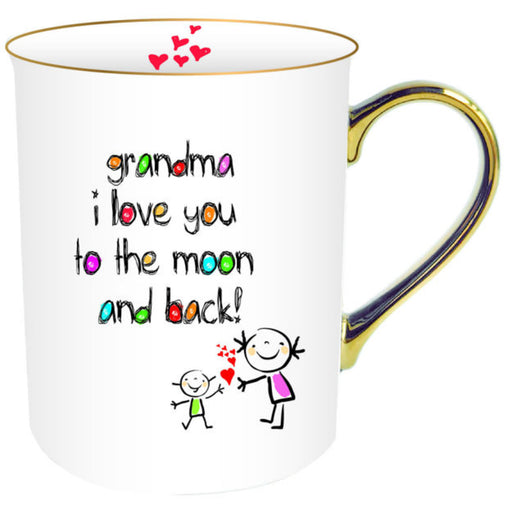 Ceramic mug for Grandma with crayon style text and a gold handle