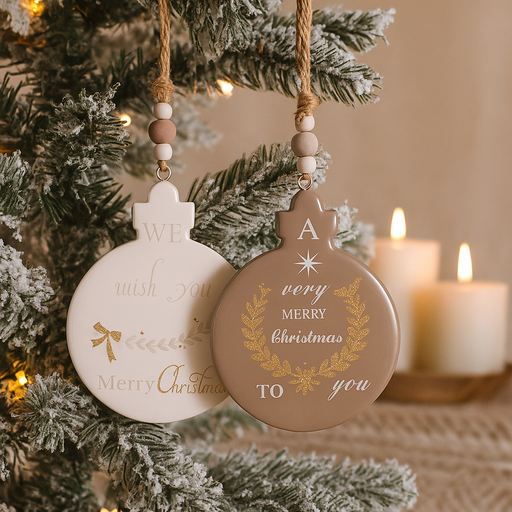 Assorted MDF bauble-shaped Christmas tree ornaments, 9.5x12.5cm, in festive colours.
