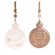 Assorted MDF bauble-shaped Christmas tree ornaments, 9.5x12.5cm, in festive colours.