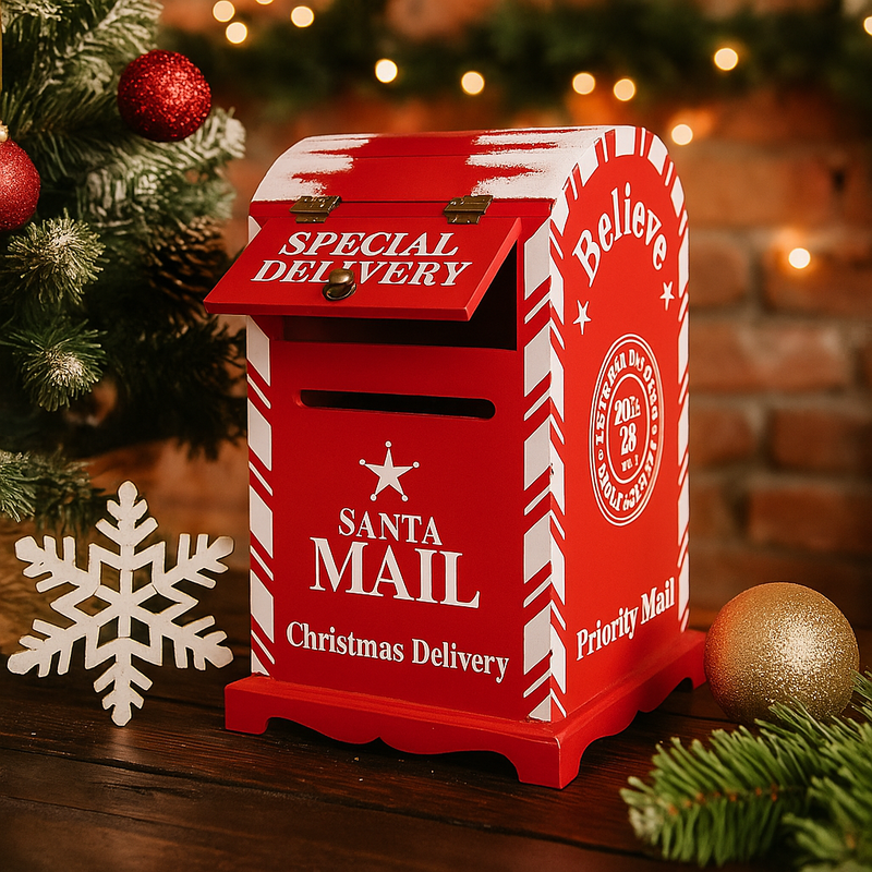 Traditional festive red Christmas post box made of MDF 23x23x38cm