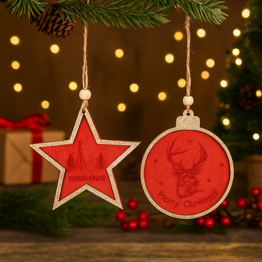 Festive MDF ornaments with champagne glitter for Christmas tree décor 9.8x9.3cm