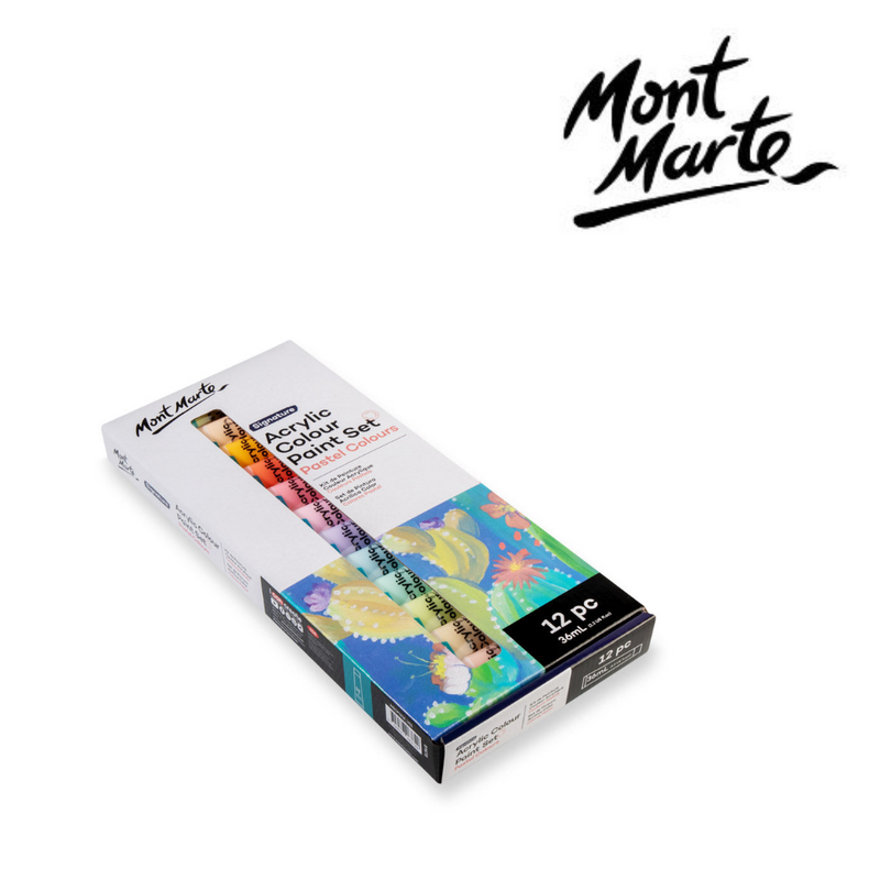 MM Acrylic Colour Pastel Colours set with 12 x 36ml acrylic paint tubes in soft pastel shades