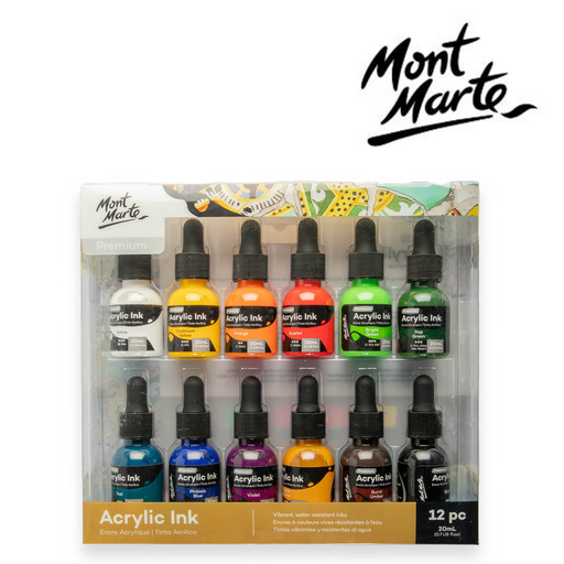 MM Acrylic Ink set 12pc x 20ml – twelve bottles of fluid acrylic inks for mixed media, illustration, calligraphy and airbrushing