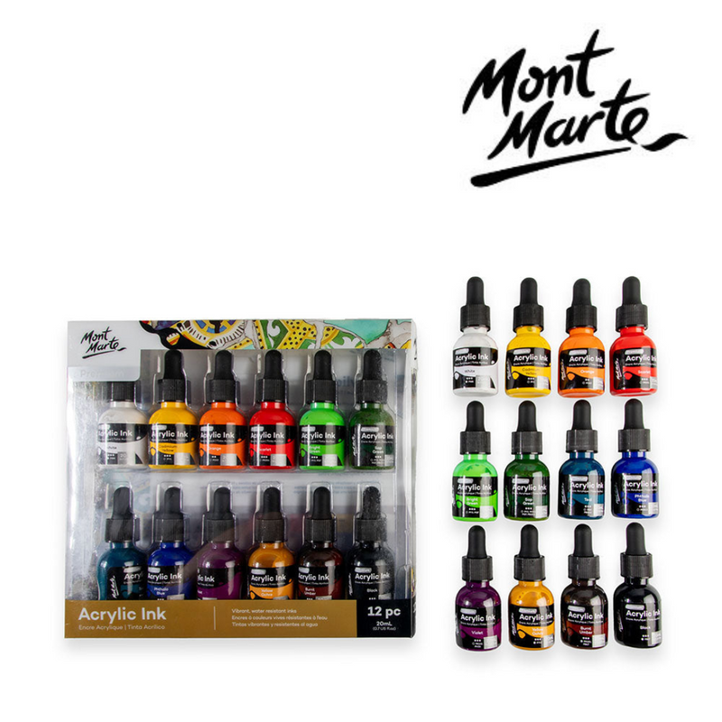 MM Acrylic Ink set 12pc x 20ml – twelve bottles of fluid acrylic inks for mixed media, illustration, calligraphy and airbrushing