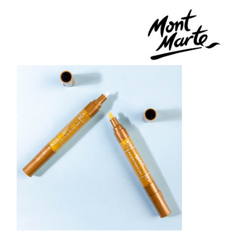 Mont Marte (MM) Dual Tip Acrylic Paint Pens Gold 2pc — opaque water-based acrylic paint markers with broad and fine tips for multi-surface craft and lettering