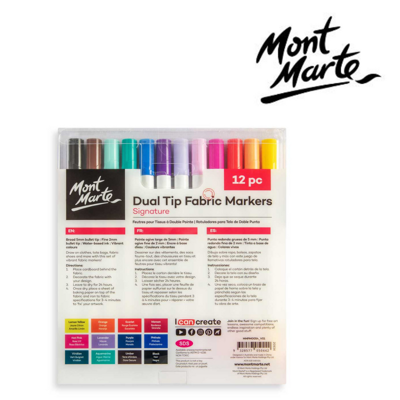 MM Dual Tip Fabric Markers 12pc water-based non-toxic markers with 2mm fine tip and 5mm broad tip for fabric decorating