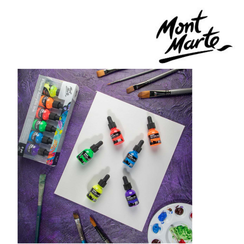 MM Fluoro Acrylic Ink set 6pc x 20ml – six bottles of bright fluorescent acrylic inks for mixed media, calligraphy, airbrushing and art projects