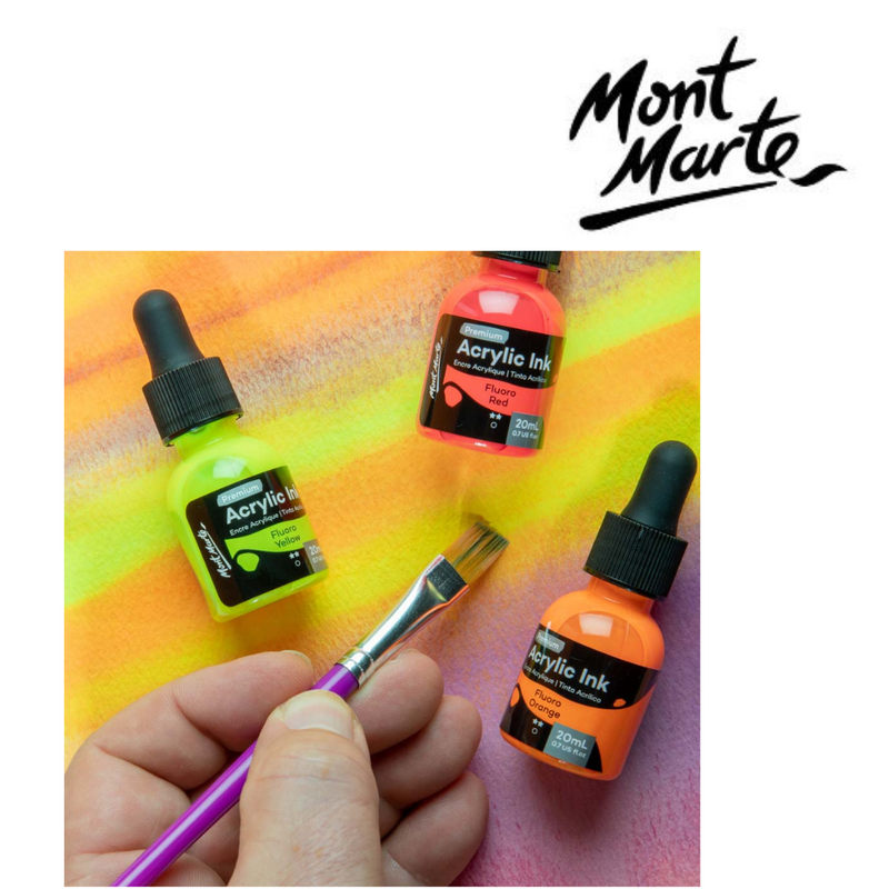MM Fluoro Acrylic Ink set 6pc x 20ml – six bottles of bright fluorescent acrylic inks for mixed media, calligraphy, airbrushing and art projects