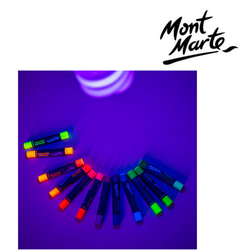 MM Fluoro Oil Pastels 12-piece set of bright fluorescent colours for colouring, blending, and poster art.