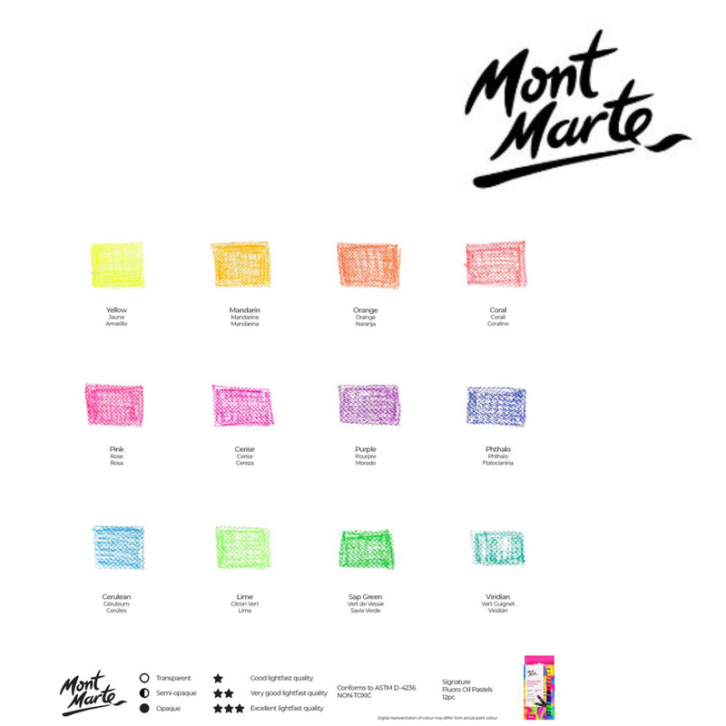 MM Fluoro Oil Pastels 12-piece set of bright fluorescent colours for colouring, blending, and poster art.