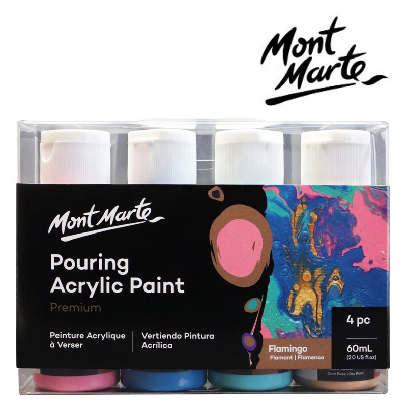 MM Pouring Acrylic Flamingo set 4pc x 60ml – four bottles of pink-themed pouring acrylic paint for fluid art, acrylic pouring and abstract swirl effects