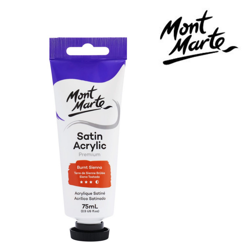 MM Satin Acrylic paint 75ml tube in Burnt Sienna warm earthy red-brown colour