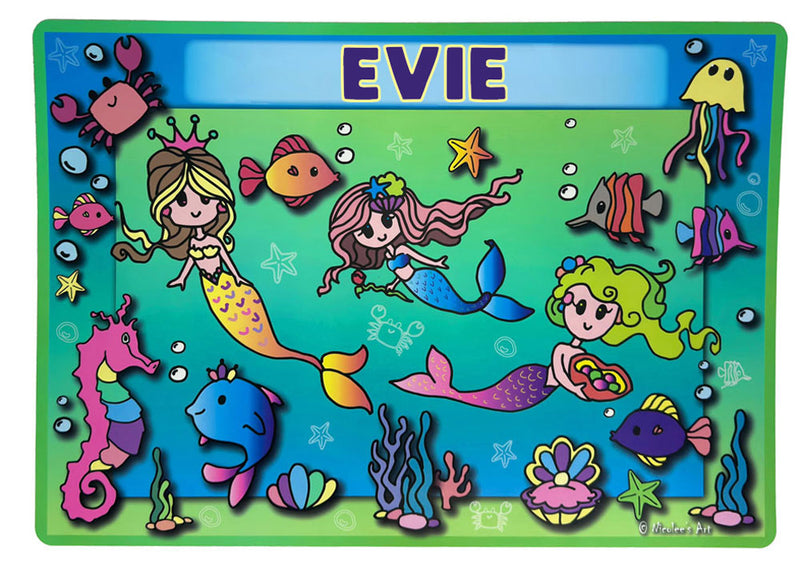 “Evie” name placemat for kids, easy wipe design