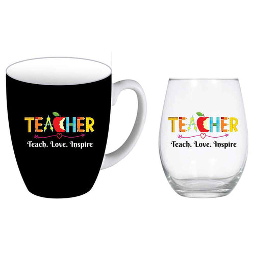  Teacher Love Teach Inspire Mug and Stemless Set Mug 400ml Glass 600ml