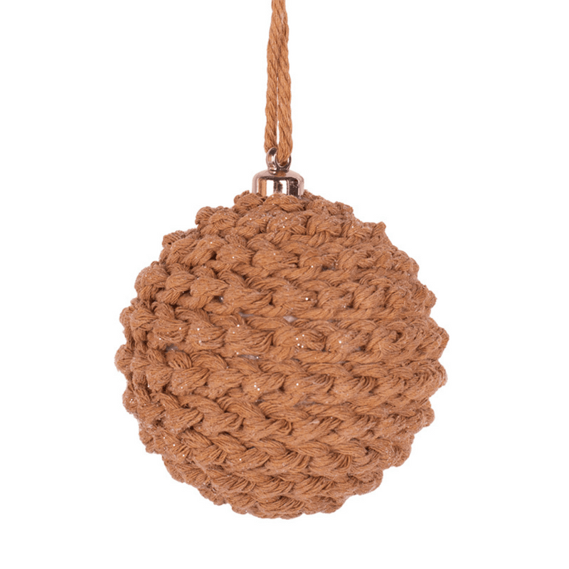 Macrame rope-wrapped bauble ornament, 8cm, in natural cream tones for Christmas décor.