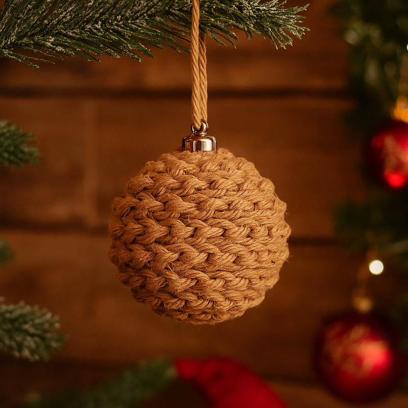 Macrame rope-wrapped bauble ornament, 8cm, in natural cream tones for Christmas décor.
