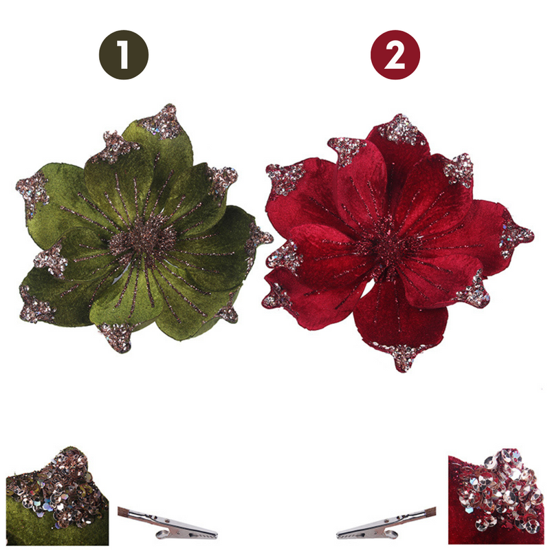 Magnolia Velour Flower with Clip Red and Sage 22cm