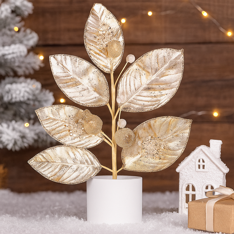 Champagne magnolia leaf stem with glitter icing details, 55cm long