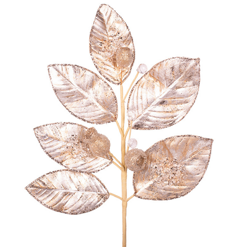 Champagne magnolia leaf stem with glitter icing details, 55cm long