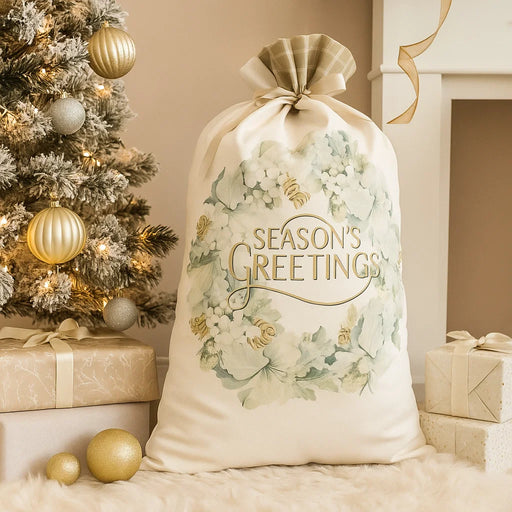Christmas Santa sack with magnolia wreath print, 50x80cm with drawstring closure