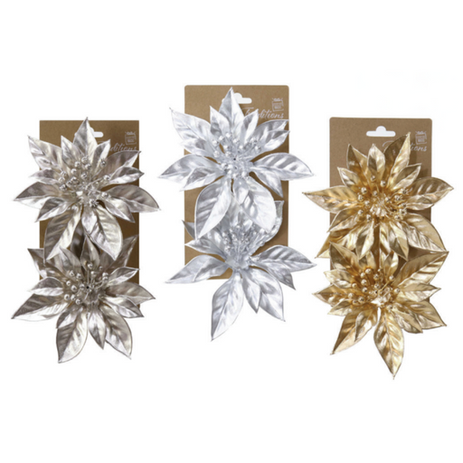Ronis Matte Metallic Poinsettia Clip 2pk Assorted