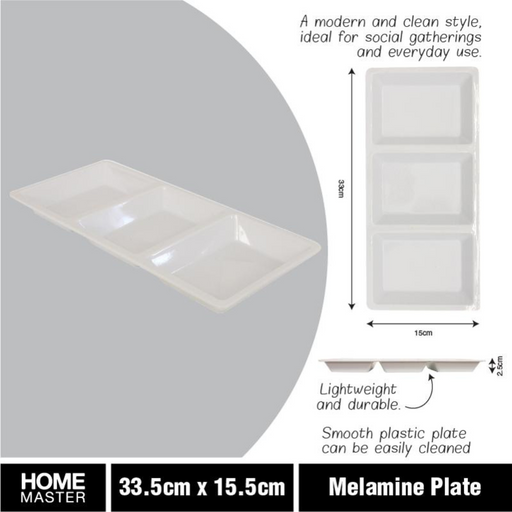 Ronis Melamine Platter Tray with 3 Section Divider Rectangular 33.5x15.5x2.5cm White