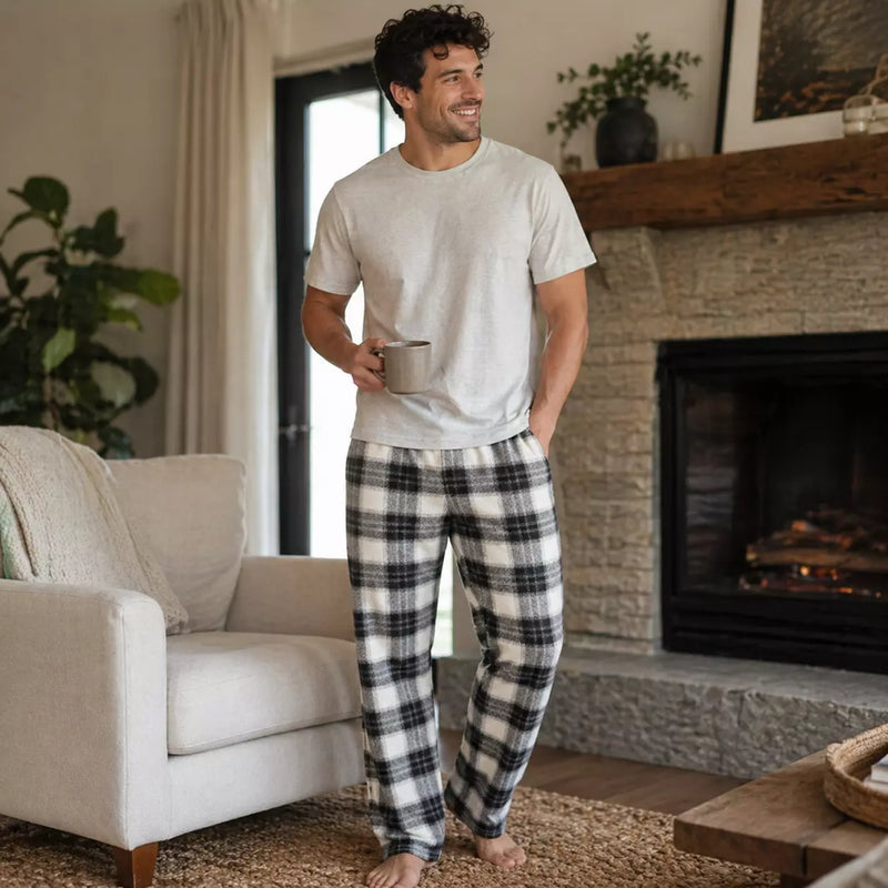 Men’s basic flannel straight pants in assorted Series 1 designs, offering soft, comfortable warmth for sleep and everyday lounging.