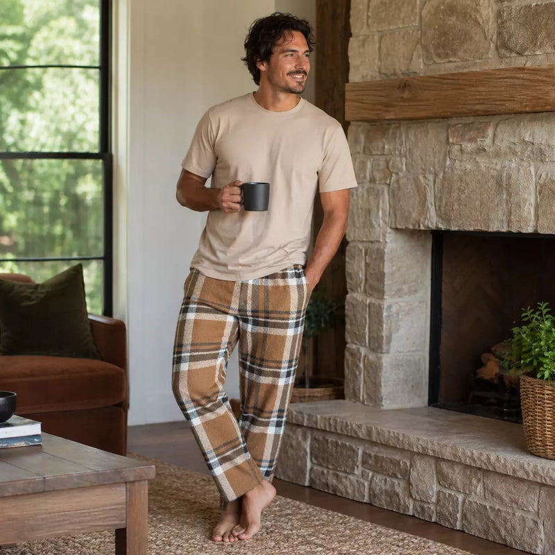 Men’s basic flannel straight pants in assorted Series 1 designs, offering soft, comfortable warmth for sleep and everyday lounging.