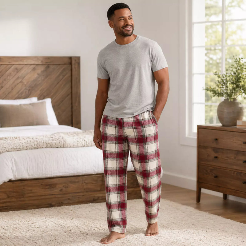 Men’s basic flannel straight pants in assorted Series 2 designs, offering soft, comfortable warmth for sleep and everyday lounging.