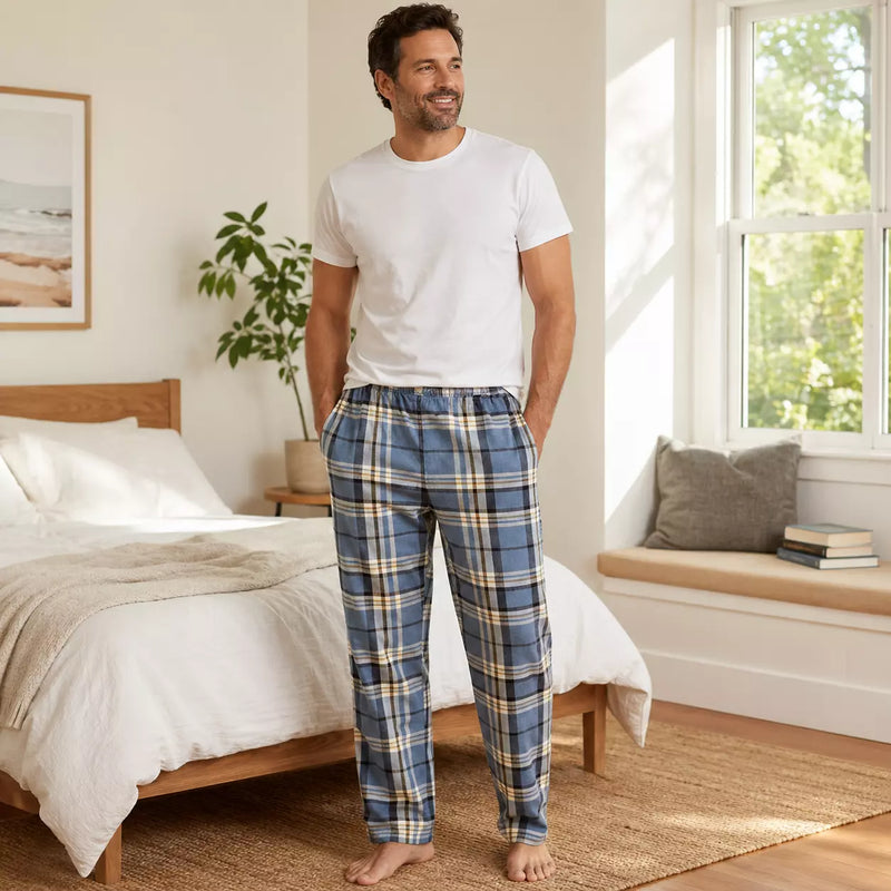 Men’s basic flannel straight pants in assorted Series 2 designs, offering soft, comfortable warmth for sleep and everyday lounging.