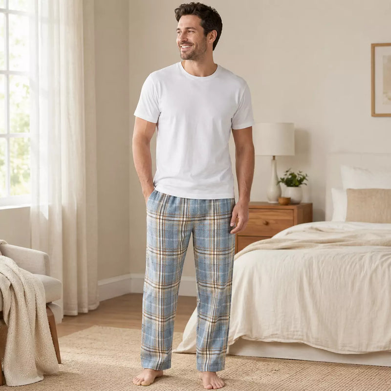 Men’s basic flannel straight pants in assorted Series 2 designs, offering soft, comfortable warmth for sleep and everyday lounging.