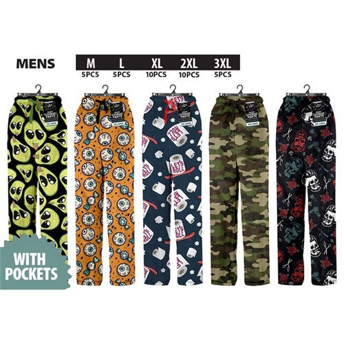 Men’s PJ lounge pants with pockets in 2 assorted designs, offering soft, relaxed comfort for sleep and everyday lounging.