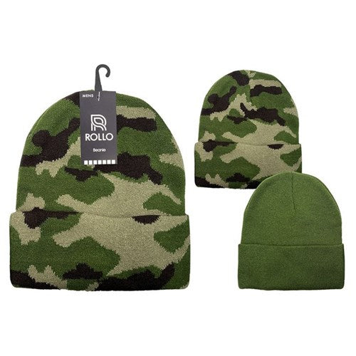 Men’s cuffed beanie with fold in camo or solid assorted colours, warm knit winter hat for everyday outdoor wear