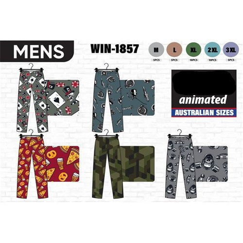 Men’s PJ lounge pants in assorted Series 1 designs, available in sizes M to 3XL, offering soft, relaxed comfort for lounging and sleep.