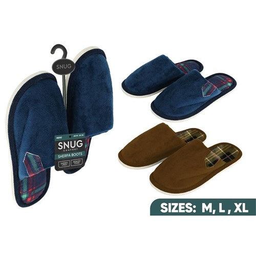 Men’s slip-on house slippers with navy and brown check pattern, cosy indoor footwear in assorted styles for everyday comfort