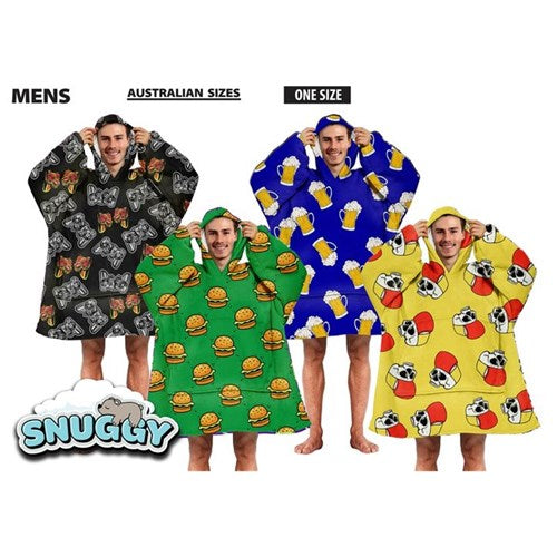Men’s printed Snuggy Sherpa hoodie in assorted designs, featuring ultra-soft fleece fabric for warm and cosy winter comfort.