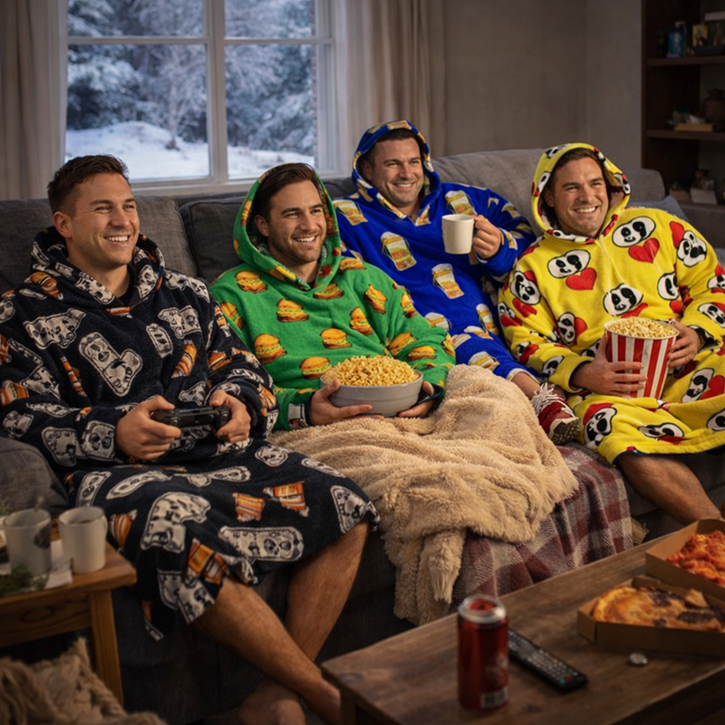 Men’s printed Snuggy Sherpa hoodie in assorted designs, featuring ultra-soft fleece fabric for warm and cosy winter comfort.