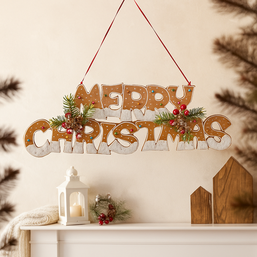 Merry Christmas sign styled like a gingerbread cookie with icing and candy details, 48cm long
