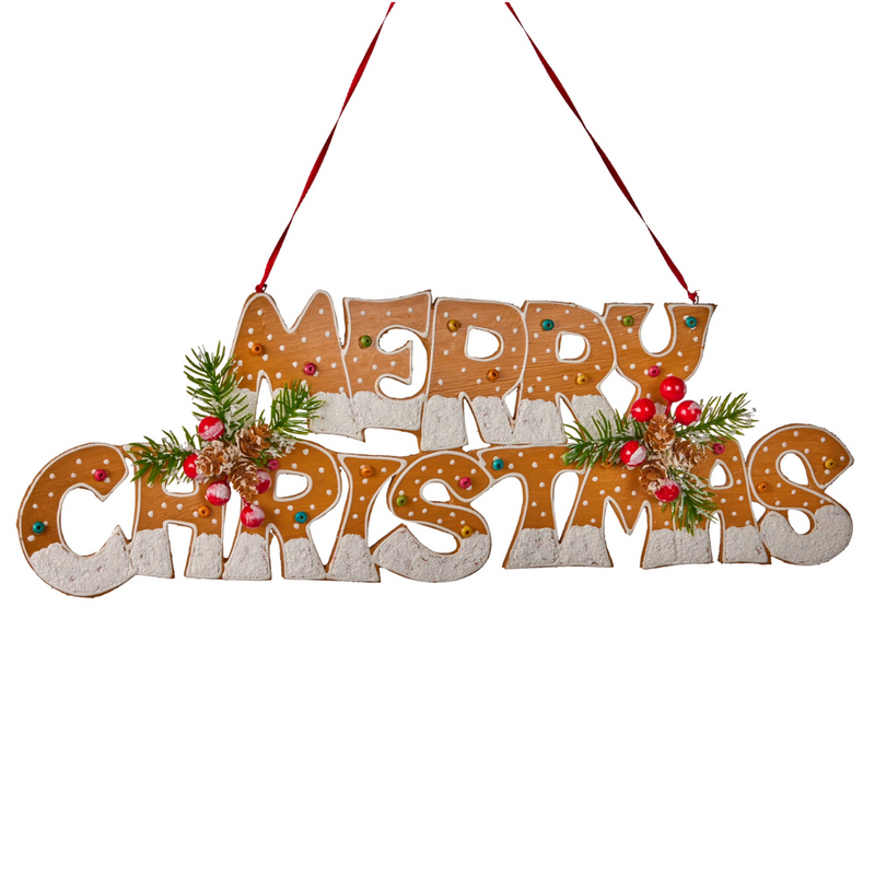 Merry Christmas sign styled like a gingerbread cookie with icing and candy details, 48cm long