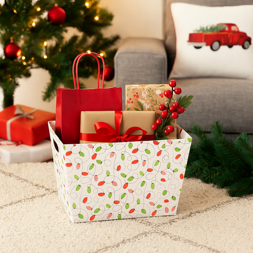 Merry and Bright red Christmas hamper box with festive design, 33.5x23.5x20cm