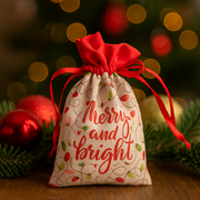 Mini Christmas pouch with "Merry and Bright" design, 10x14cm, with drawstring