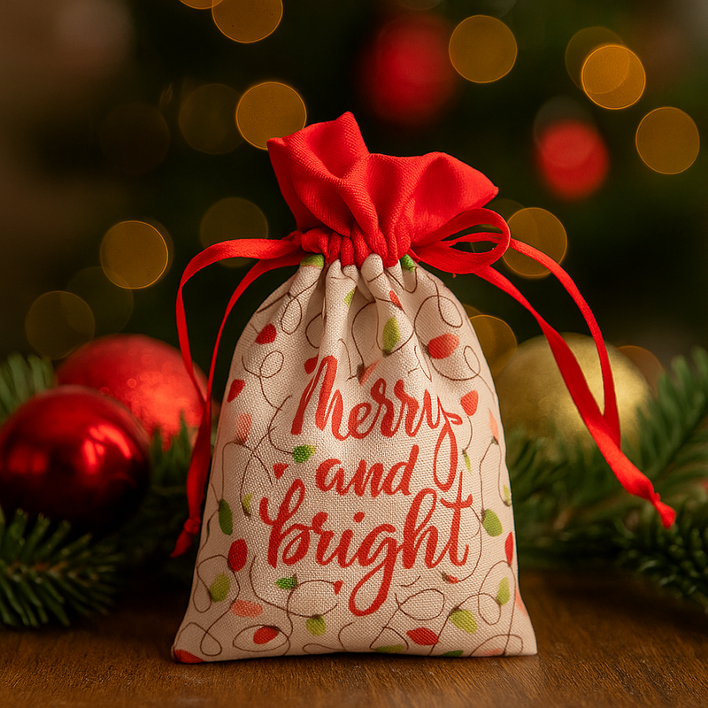 Mini Christmas pouch with "Merry and Bright" design, 10x14cm, with drawstring