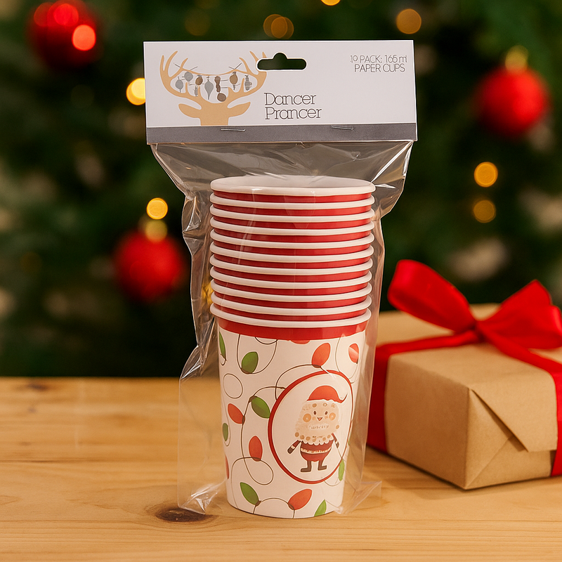 Merry and Bright disposable paper cups 9oz, 12 pack, with festive Christmas design