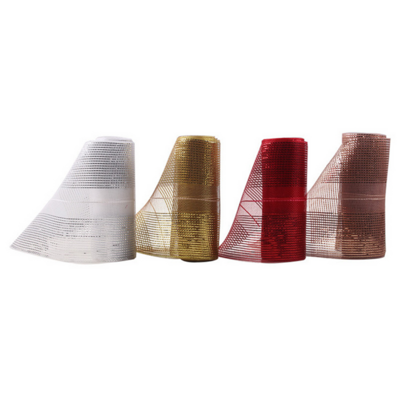 Assorted mesh metallic rolls in gold, red, pink, and white, 26cm x 10m each