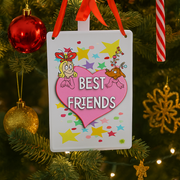 Small metal sign with the Grinch and Max labeled “Best Friends,” 15x10cm holiday décor.