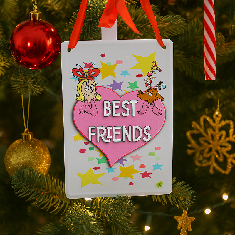 Small metal sign with the Grinch and Max labeled “Best Friends,” 15x10cm holiday décor.