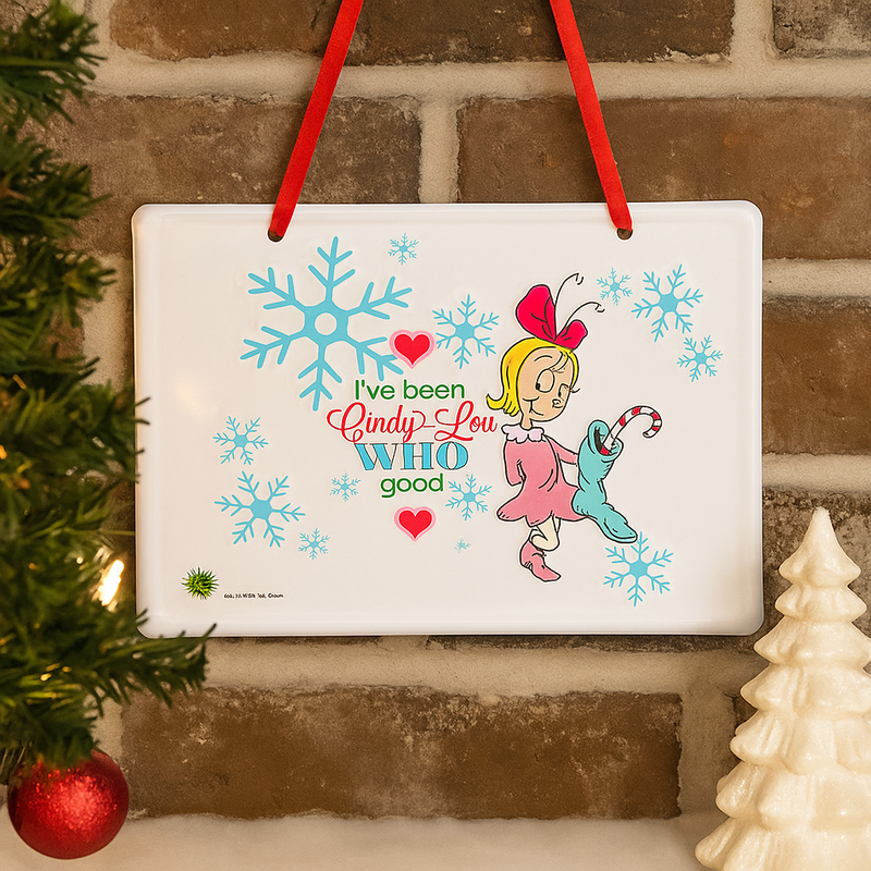 Small metal sign featuring Cindy Lou Who with "Nice" message, 15x10cm Dr. Seuss holiday décor.